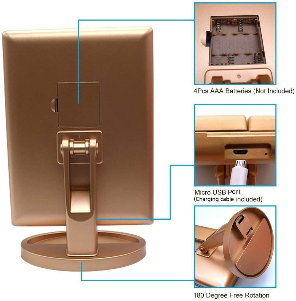 Infitrans trifold makeup mirror battery or USB power for flexible placement.