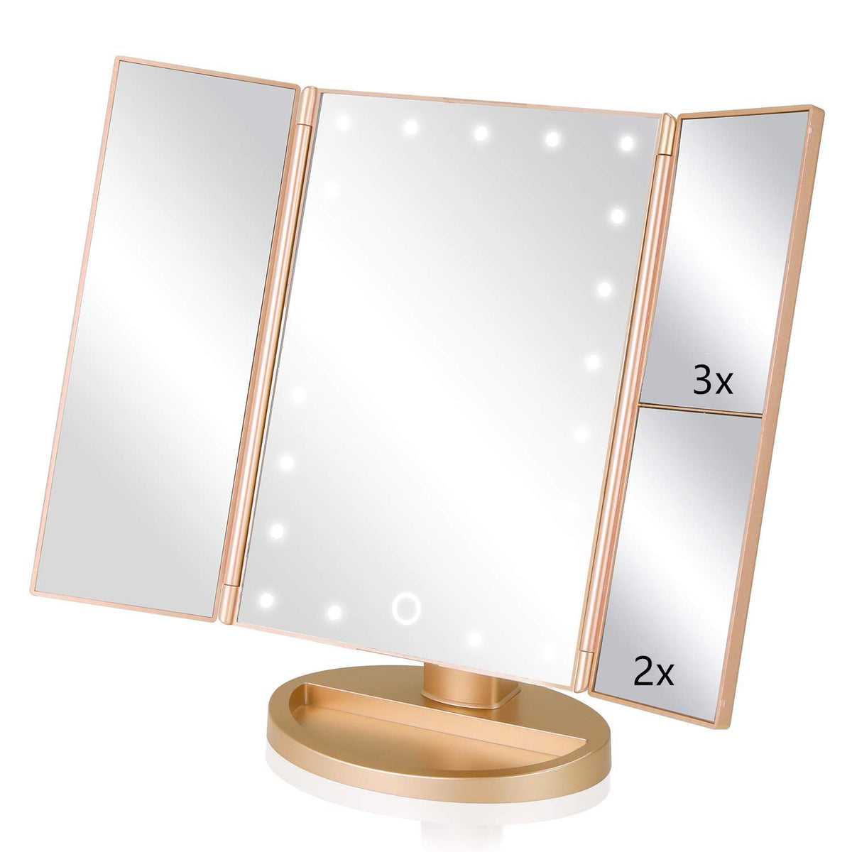Infitrans trifold makeup mirror lighted closeup offers bright, even illumination for precise makeup application.