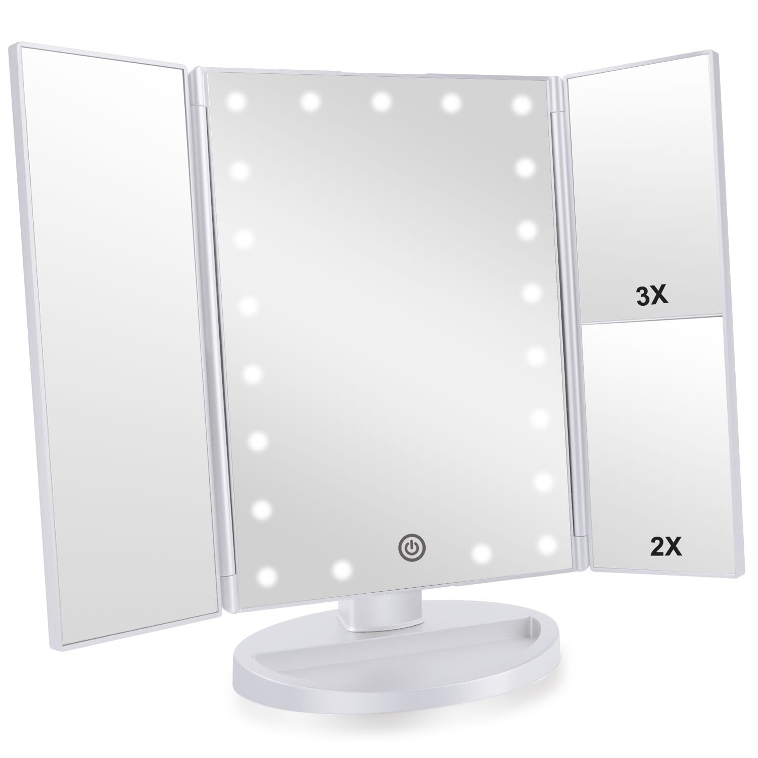 Infitrans Trifold makeup mirror with lights front view for quick grooming