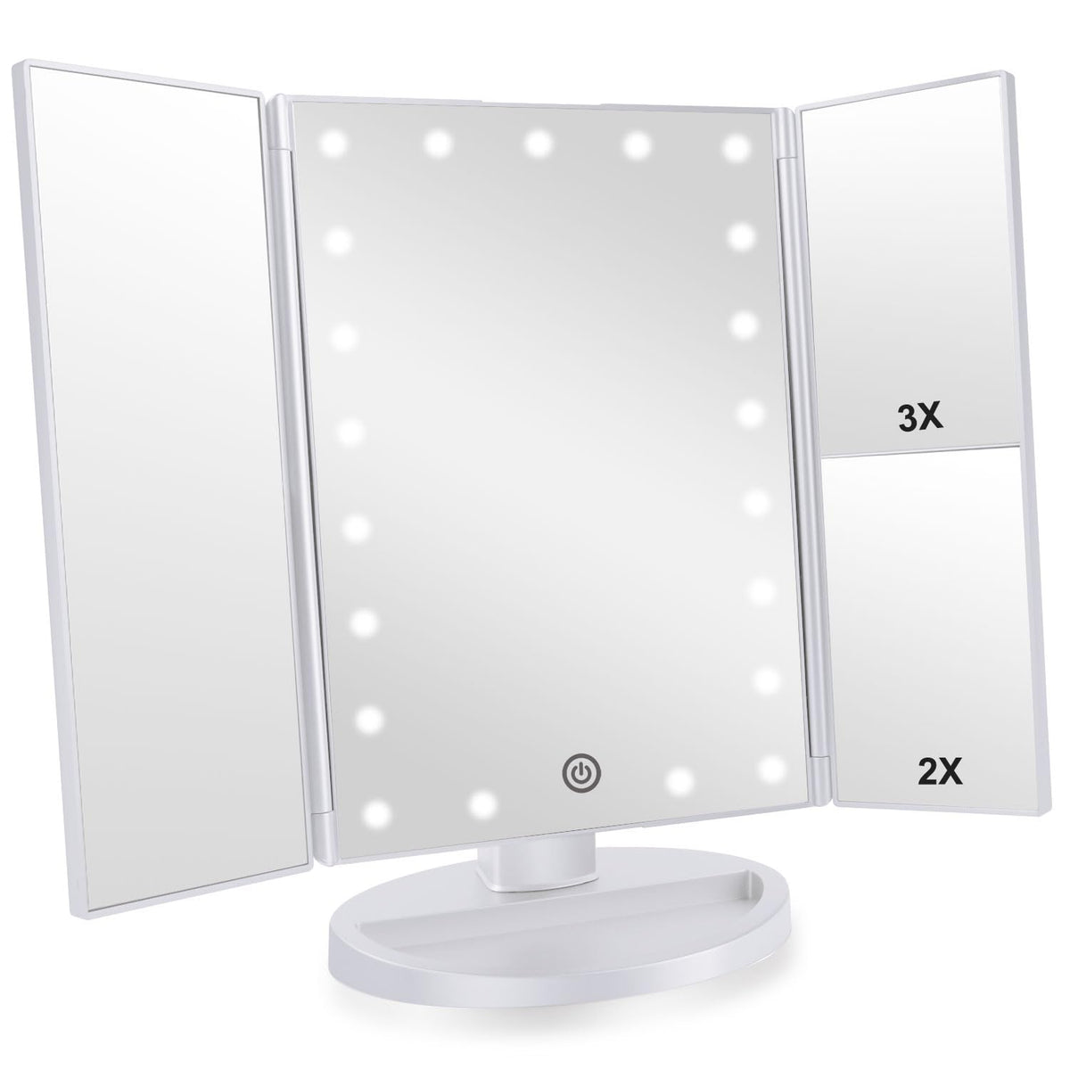 Infitrans Trifold makeup mirror with lights front view for quick grooming