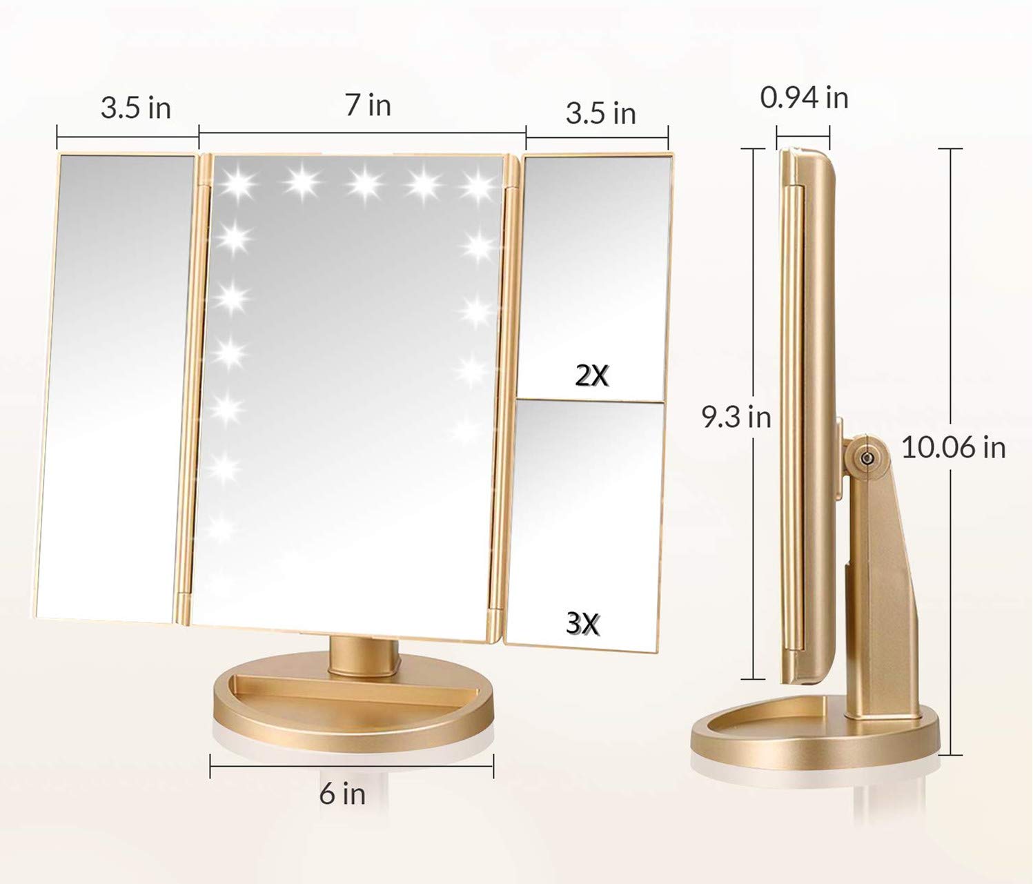 Infitrans trifold makeup mirror magnification 1x-2x-3x view aids precise eyeliner.