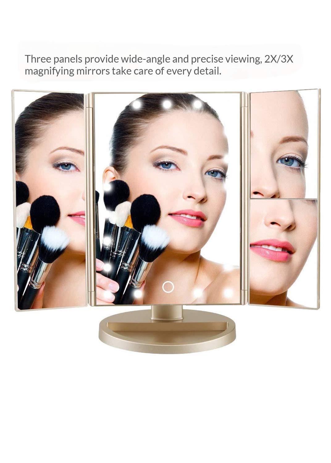 Infitrans trifold makeup mirror touch control enables quick brightness adjustments.