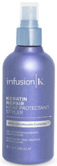 Infusion K heat protectant bottle demonstrates protection during styling for smooth results