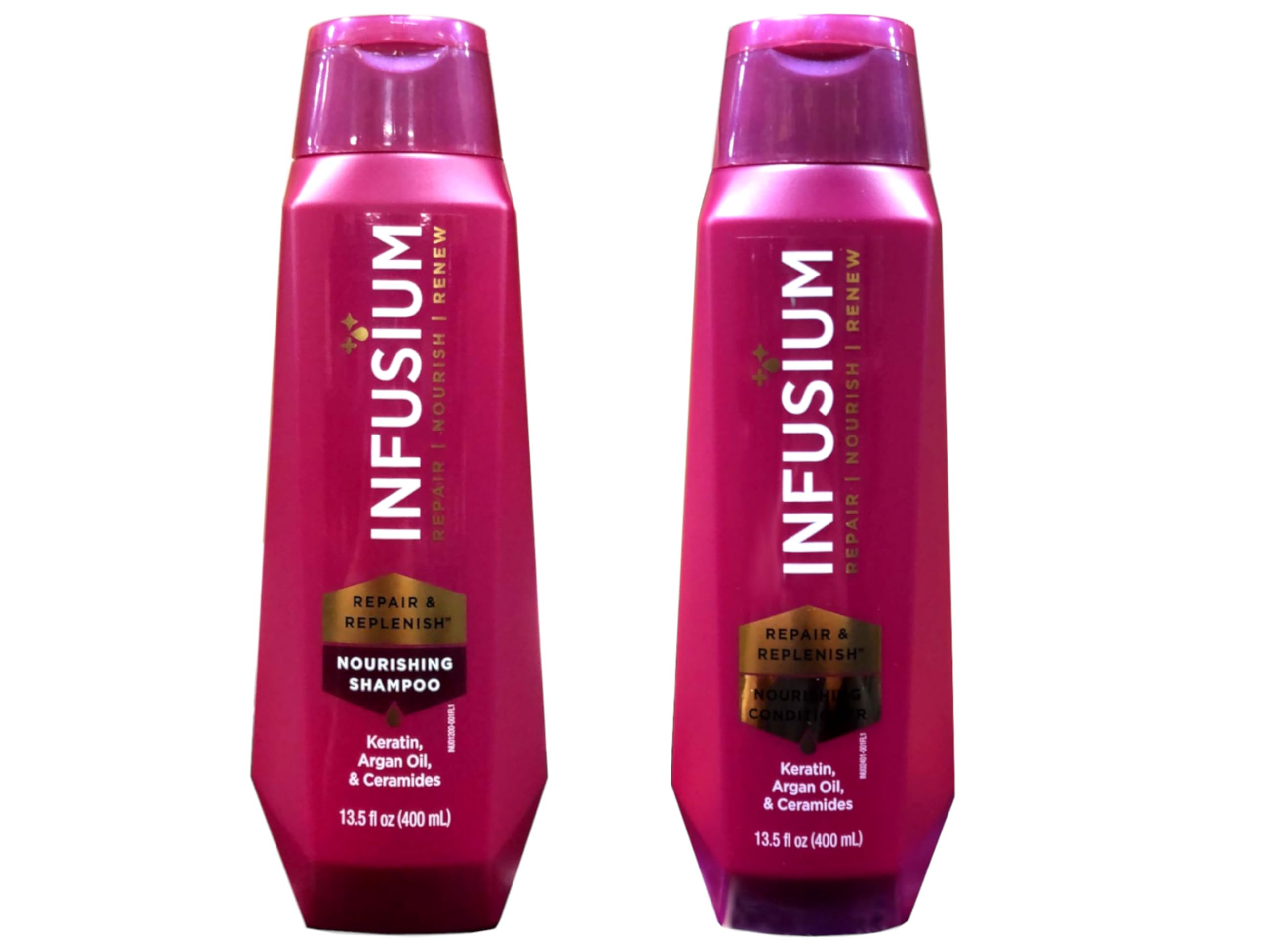 Infusium Moisturize & Replenish Shampoo bottle demonstrates gentle cleansing for improved hydration