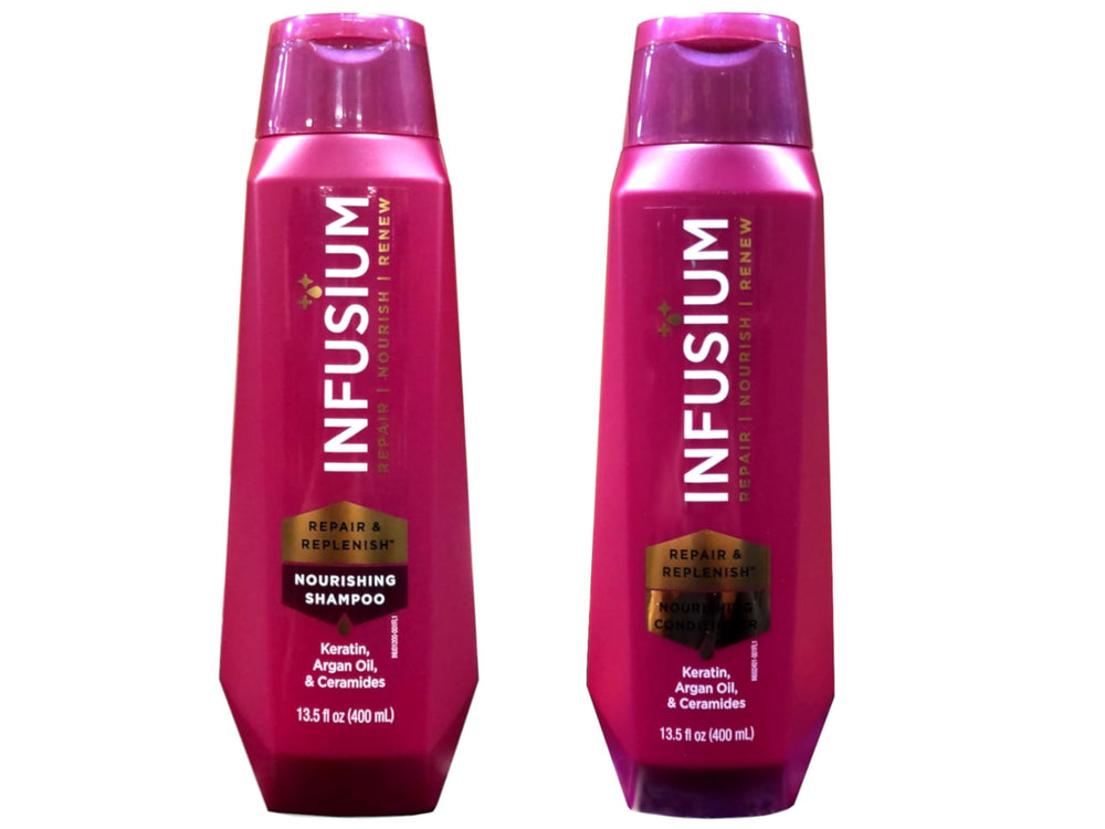 Infusium Moisturize & Replenish Shampoo bottle demonstrates gentle cleansing for improved hydration