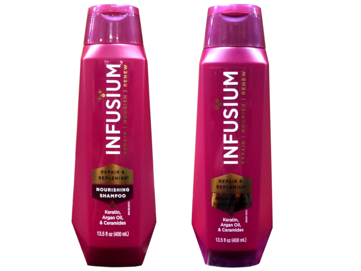 Infusium Moisturize & Replenish Shampoo bottle demonstrates gentle cleansing for improved hydration