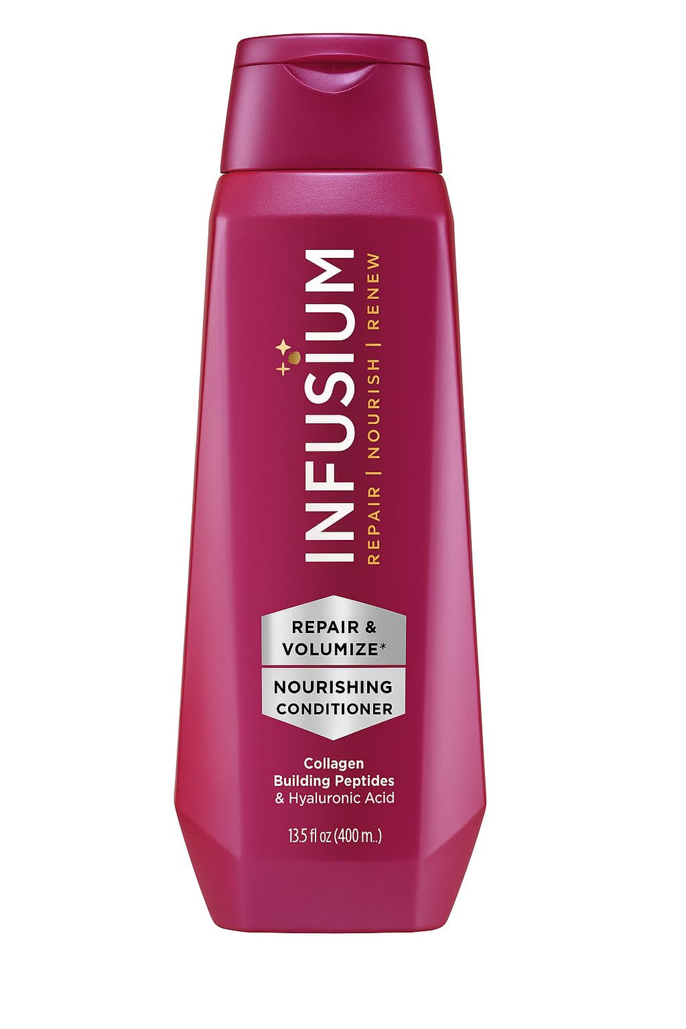 Infusium Repair and Volumize bottle close-up showing volume boost for fine hair.