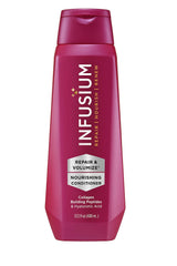 Infusium Repair and Volumize bottle close-up showing volume boost for fine hair.