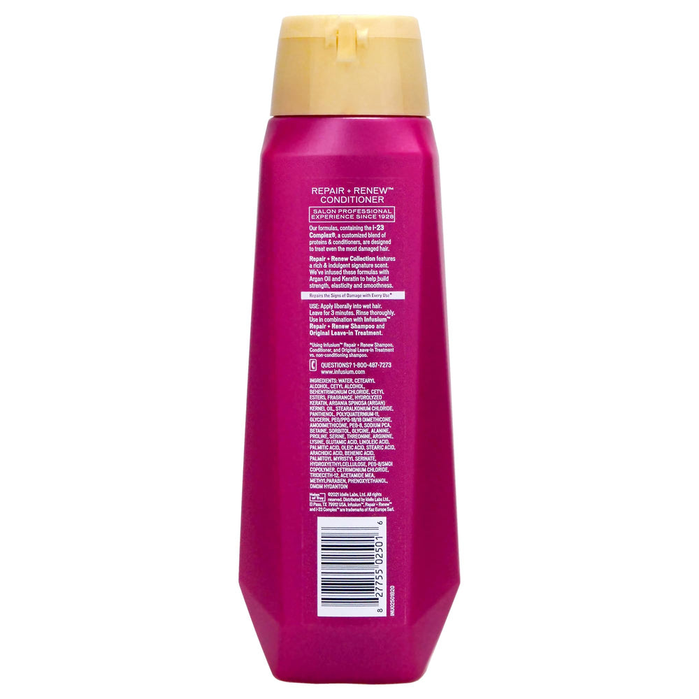 Infusium Repair and Volumize conditioner showing frizz reduction and glossy shine.