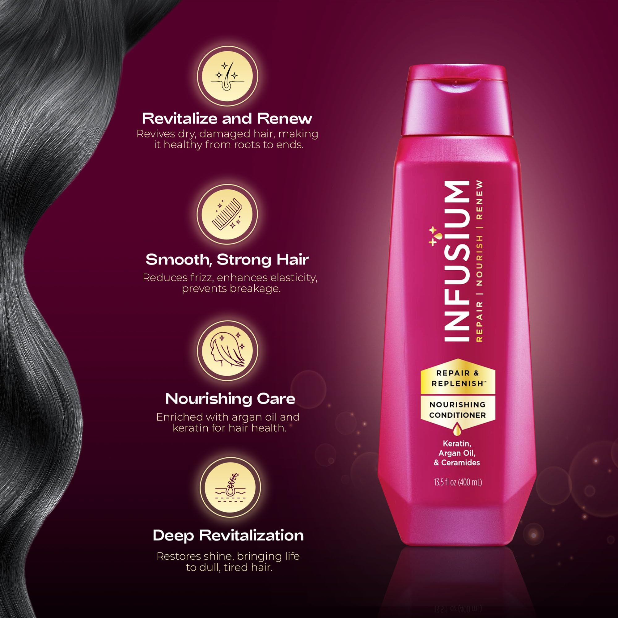 Infusium Repair and Volumize on-hair application demonstrating moisturized, bounce-ready strands.