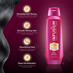 Infusium Repair and Volumize on-hair application demonstrating moisturized, bounce-ready strands.