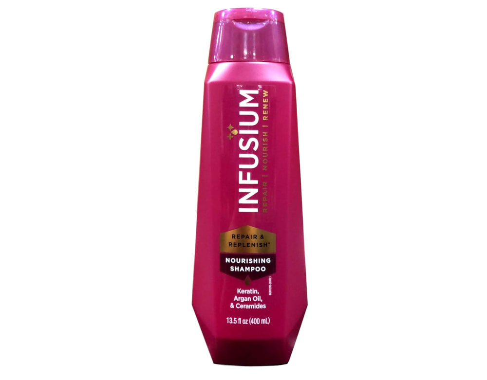 Infusium Shampoo bottle closeup highlighting hydration