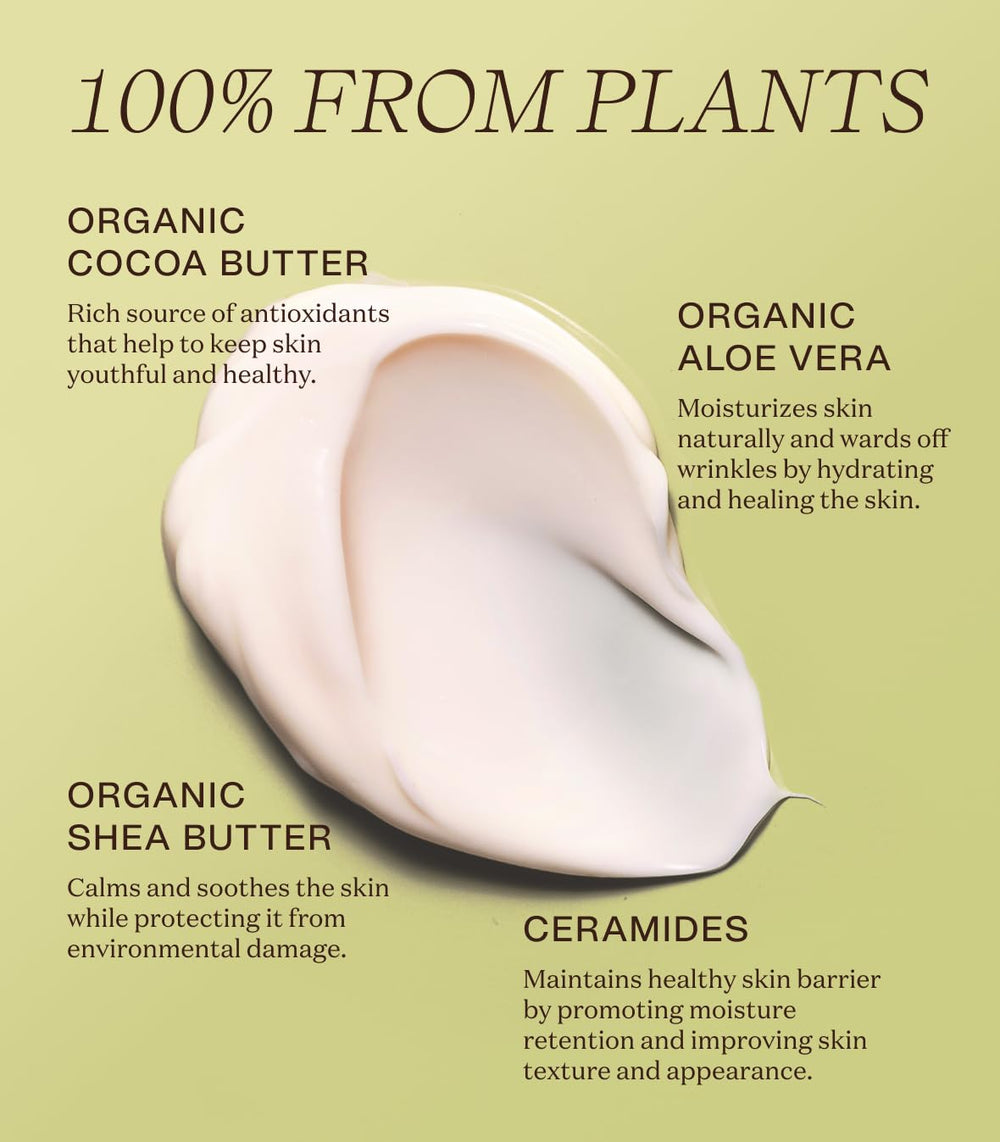 Ingreendients Cocoa Butter Lotion ingredients show organic butters and plant oils for nourishment.
