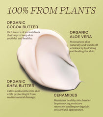 Ingreendients Cocoa Butter Lotion ingredients show organic butters and plant oils for nourishment.