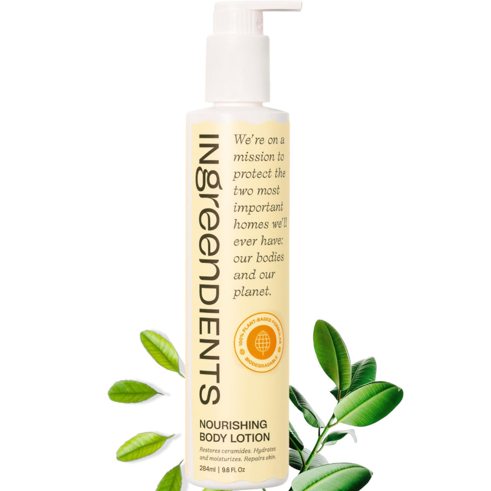 Ingreendients Cocoa Butter Lotion packaging emphasizes vegan, clean formula for dry skin hydration.