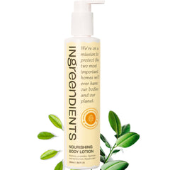 Ingreendients Cocoa Butter Lotion packaging emphasizes vegan, clean formula for dry skin hydration.