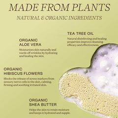 Ingreendients Organic Aloe Vera and Shea Butter close-up emphasizes soothing moisture during daily showers