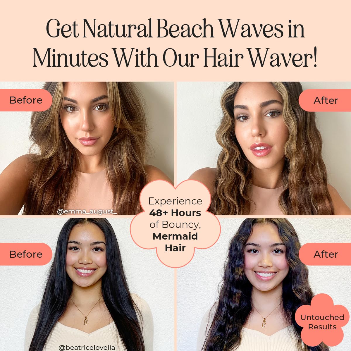 INH Hair Waver 3 Barrel with ceramic-tourmaline barrels smooths hair for shiny waves.