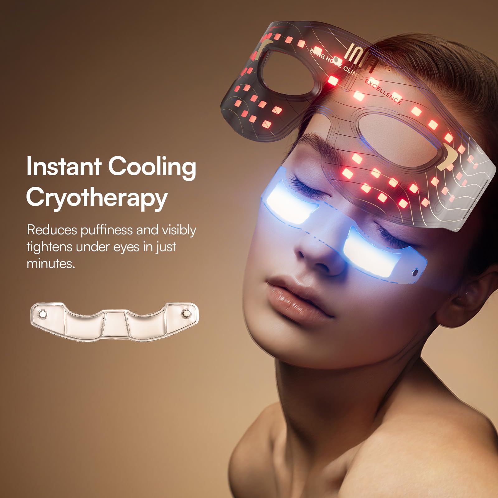 INIA eye mask therapy session conveys convenient home skincare routine.