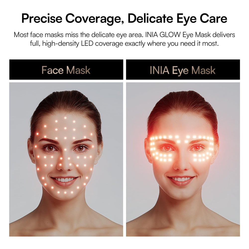 INIA eye mask worn on face demonstrates at-home under-eye care convenience.