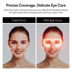 INIA eye mask worn on face demonstrates at-home under-eye care convenience.