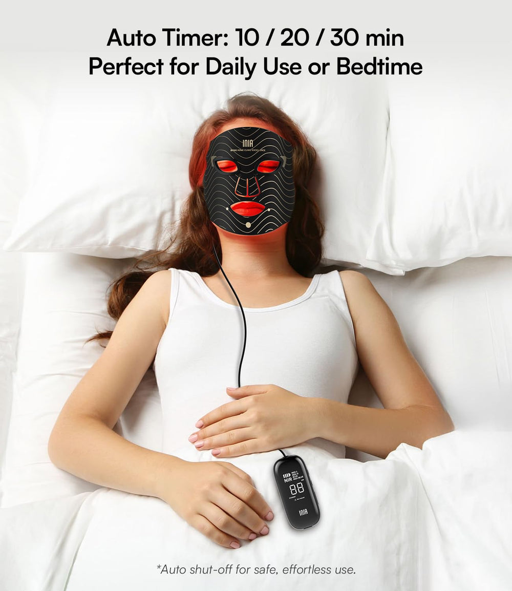 INIA mask on nightstand scene suggests easy at-home skincare after work