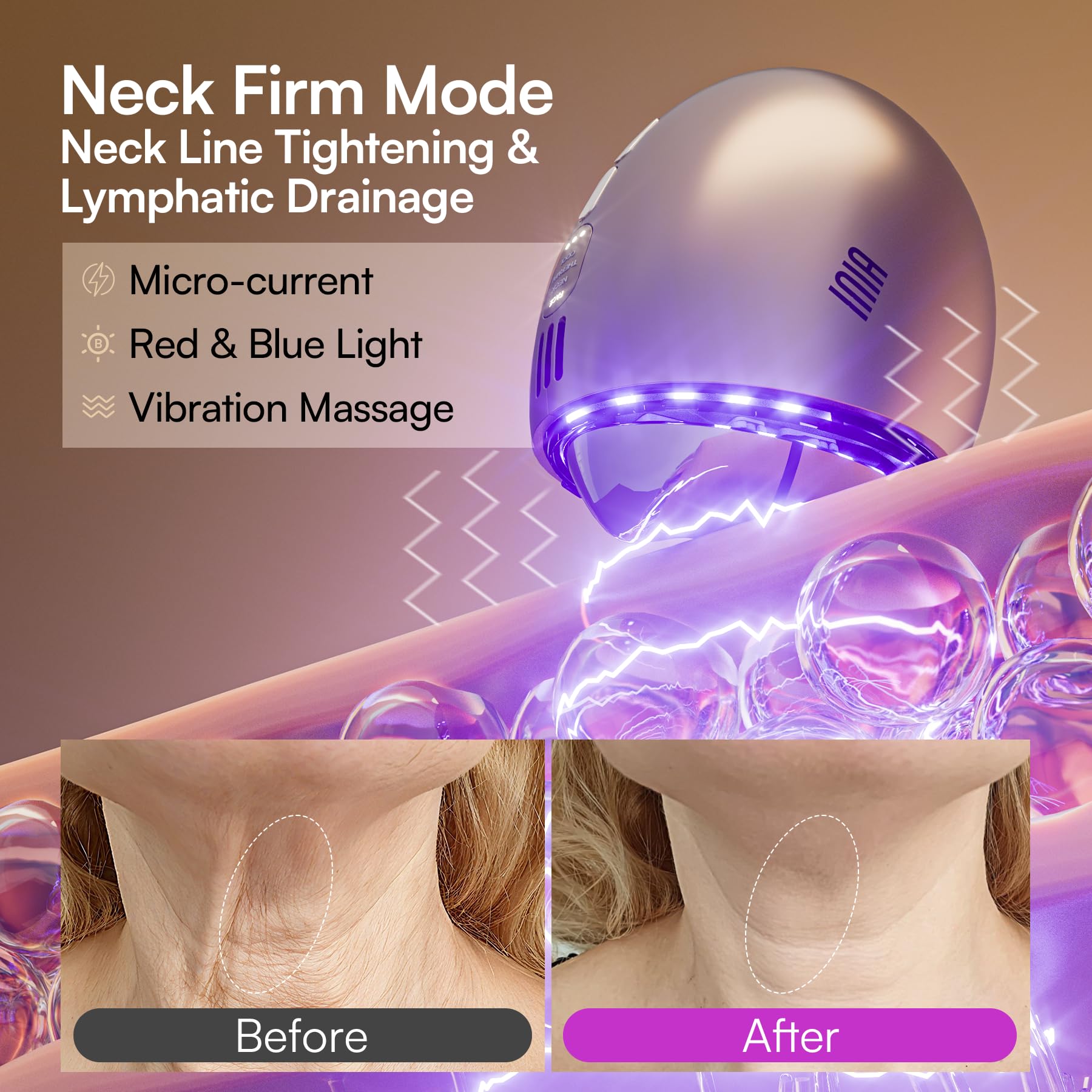 INIA neck-gua-sha lymphatic-drainage feature targets jawline for smoother neck appearance