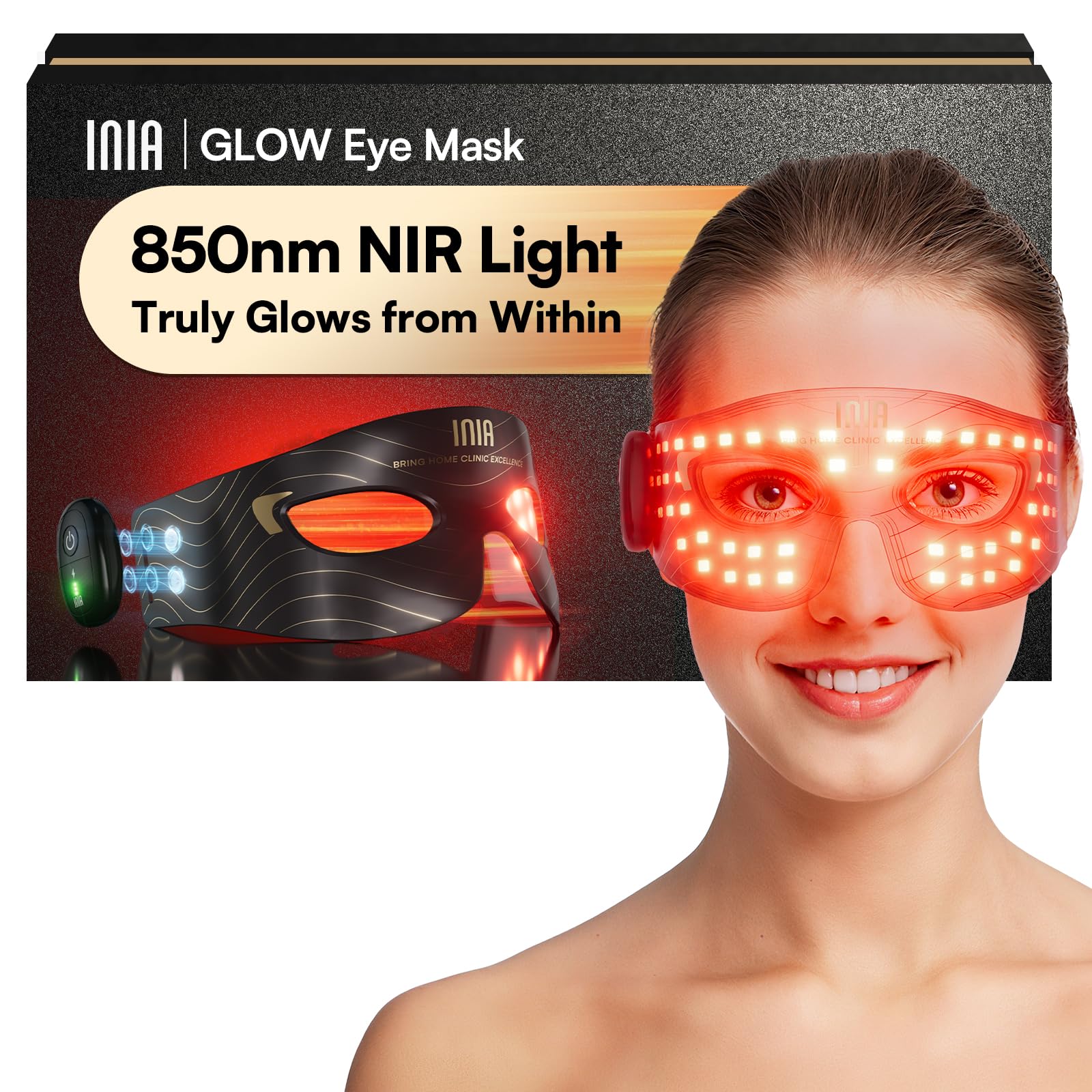 INIA red-light eye mask closeup showing focused eye-area rejuvenation.
