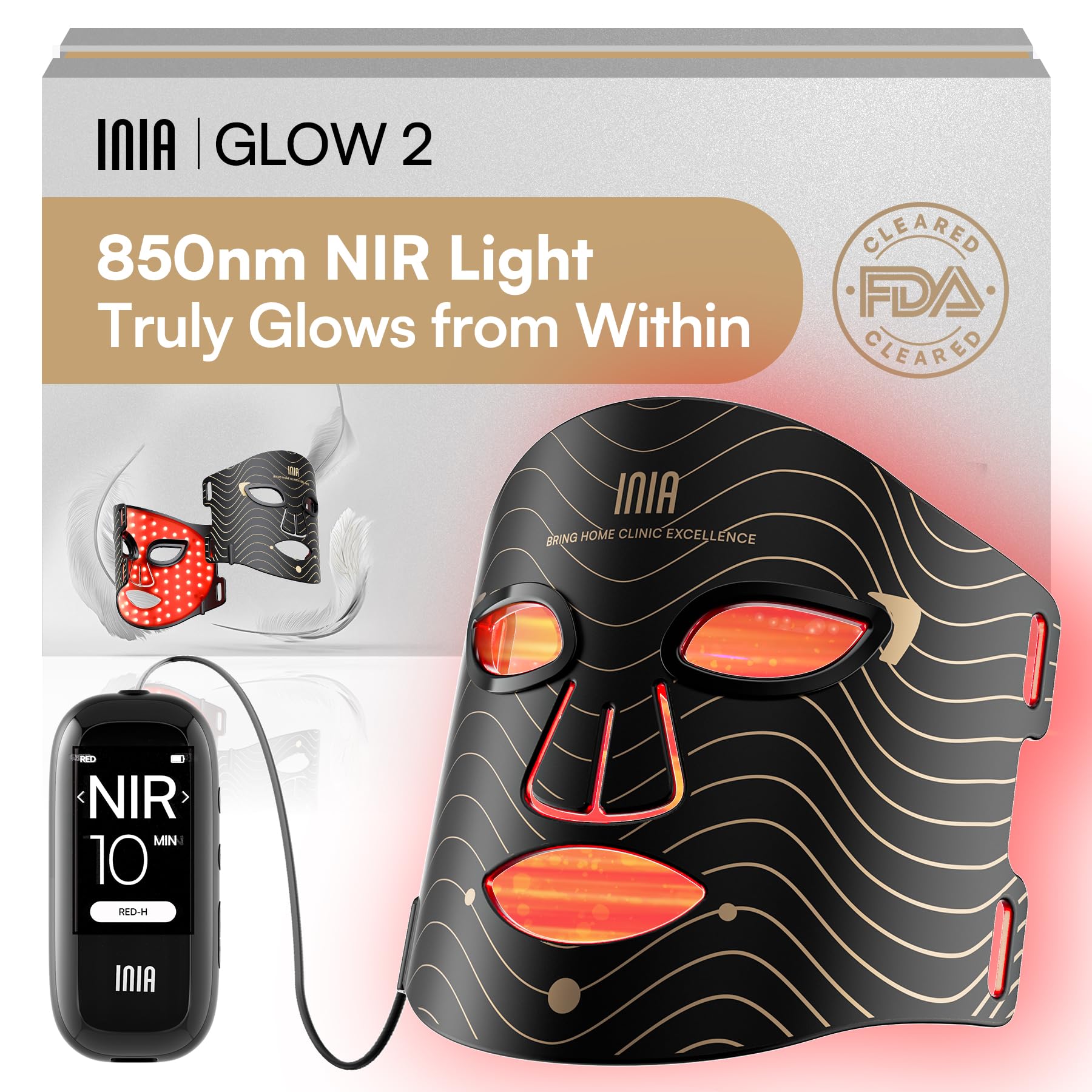 INIA Red Light Therapy Mask front view shows four LED modes for customizable skincare