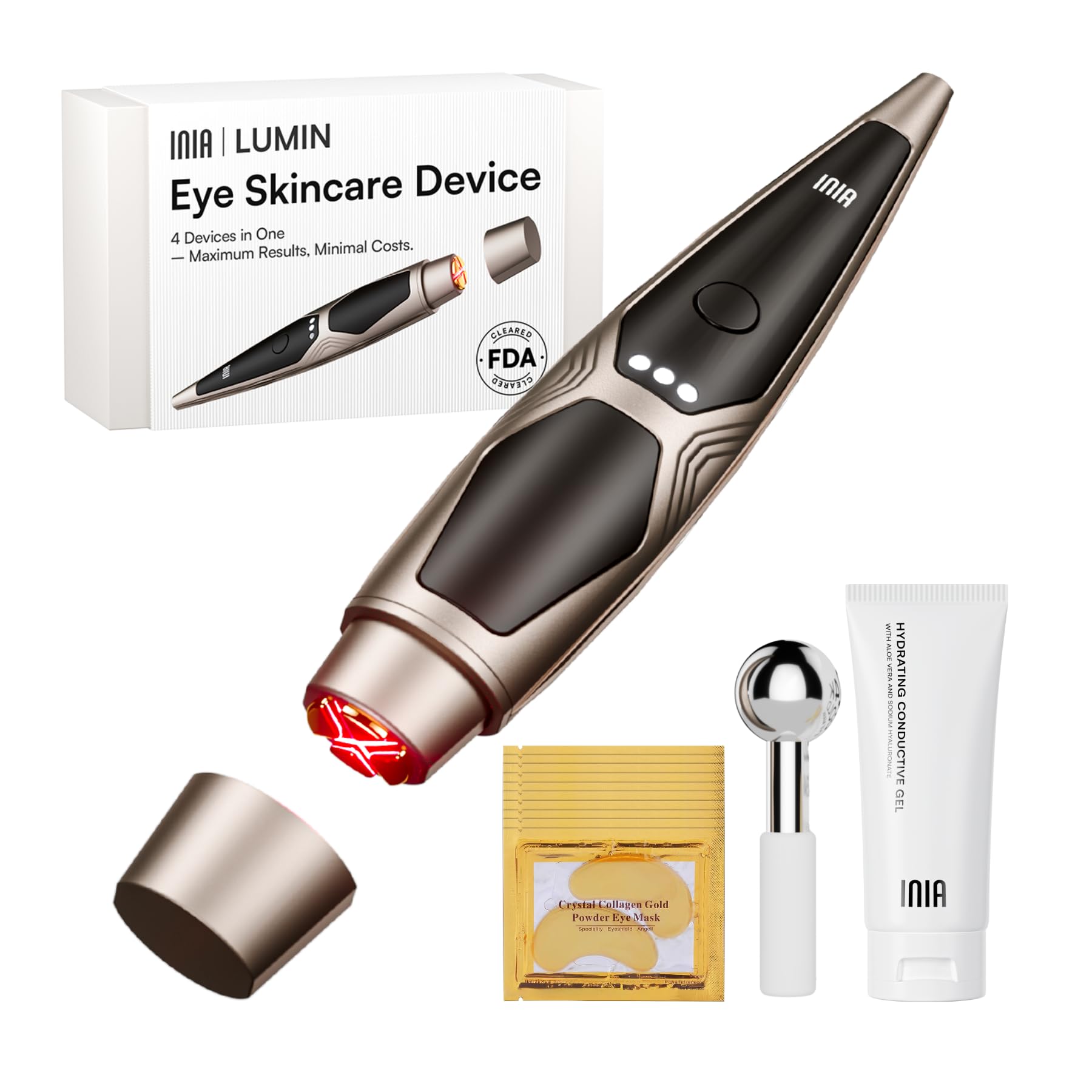 INIA under-eye red light device on skin for a refreshed look.