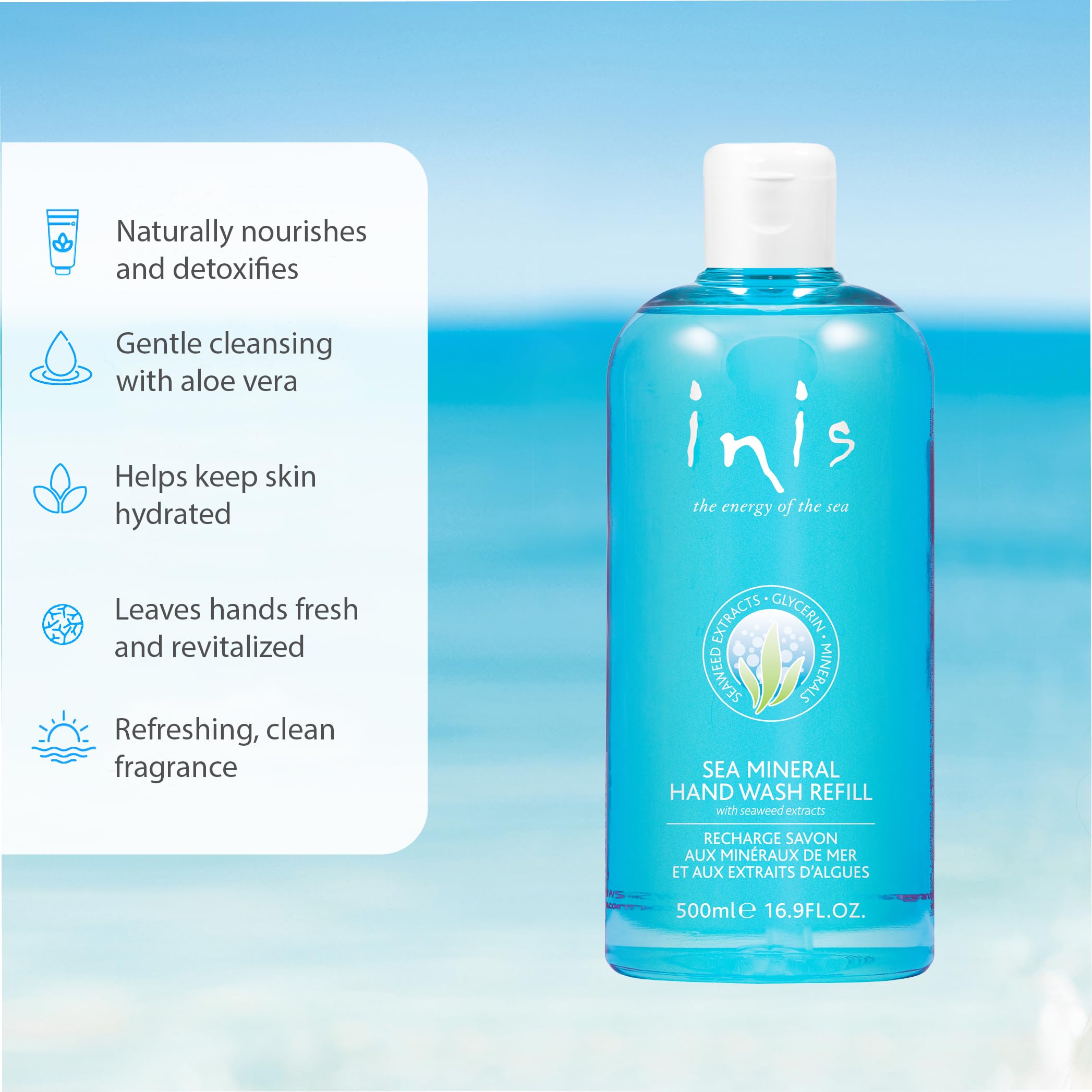 Inis eco refill pack highlighting sea minerals for cost savings and plastic reduction.
