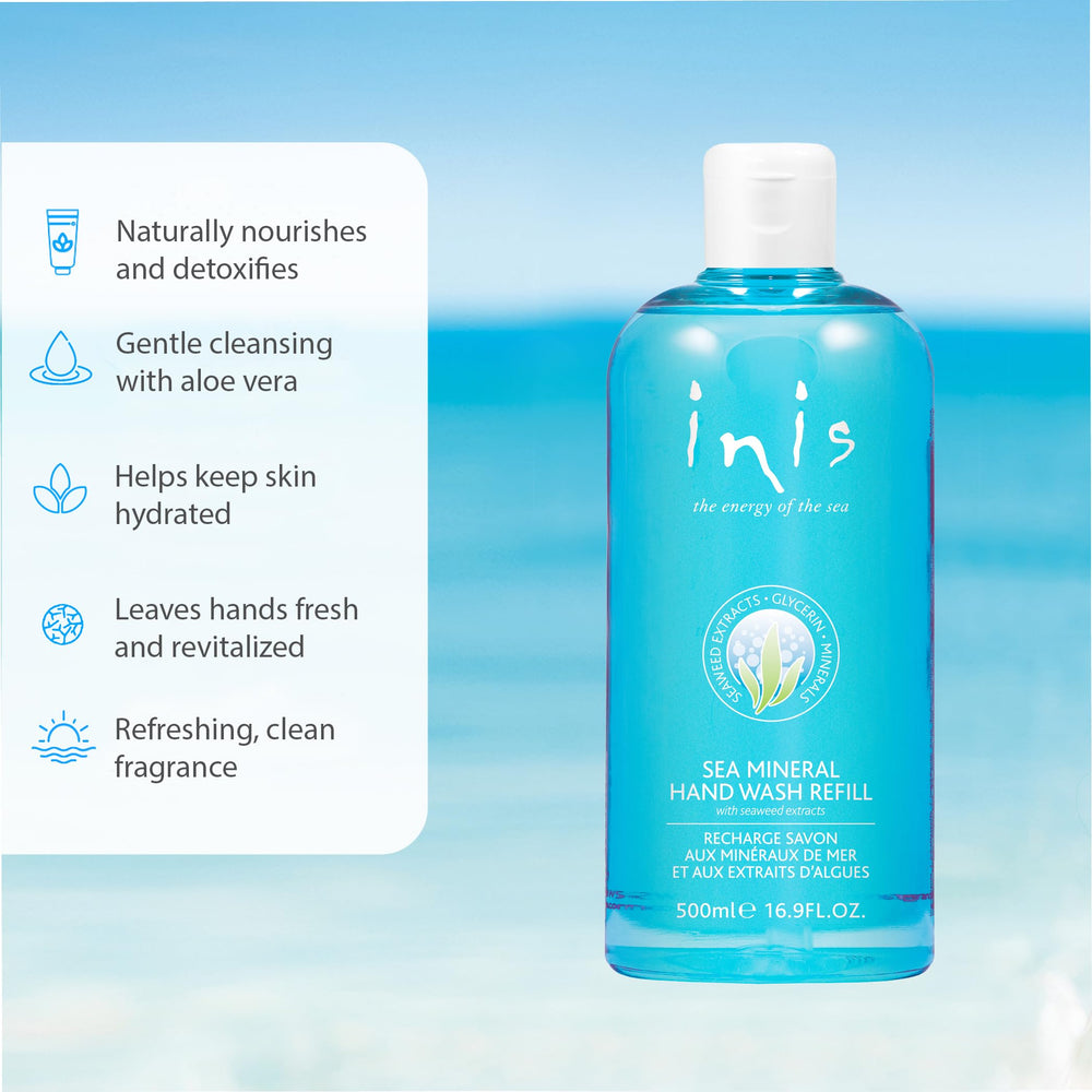 Inis eco refill pack highlighting sea minerals for cost savings and plastic reduction.
