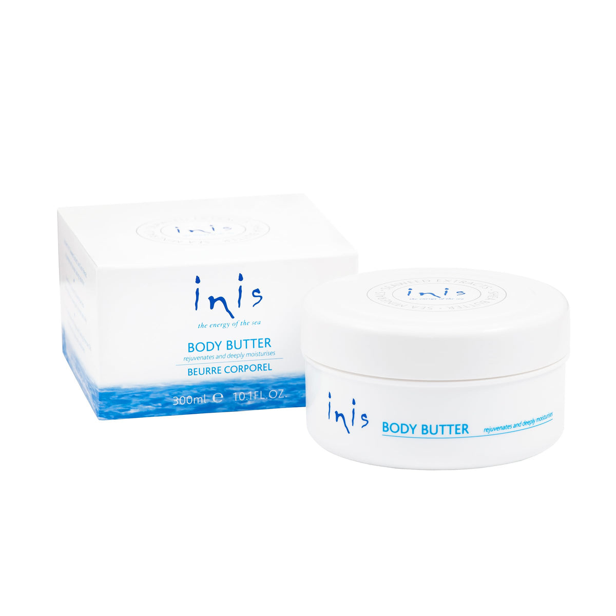 Inis Energy of the Sea body butter jar close-up highlighting rich hydration.
