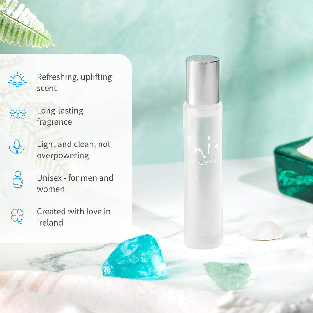 Inis Energy of the Sea bottle closeup highlights frosted glass and label