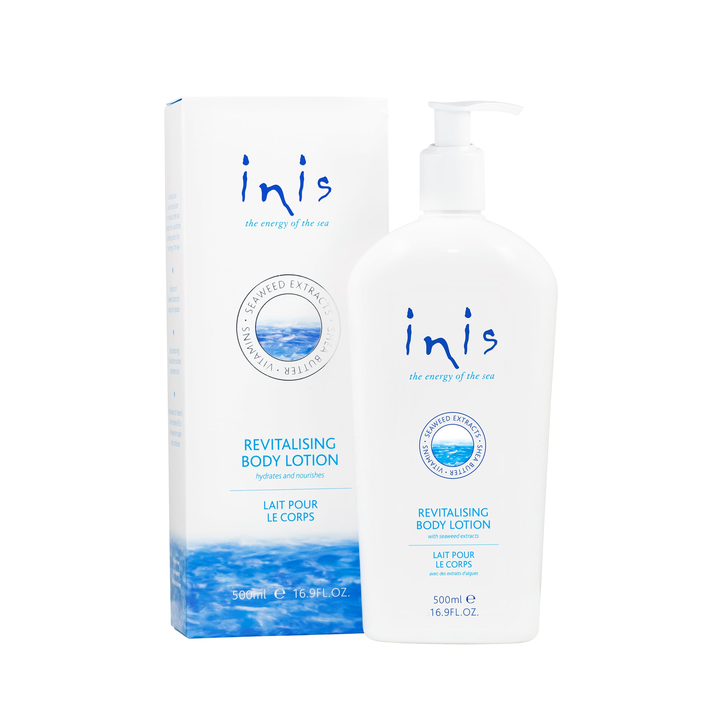 Inis the Energy of the Sea lotion bottle closeup showing rich hydration for daily softness