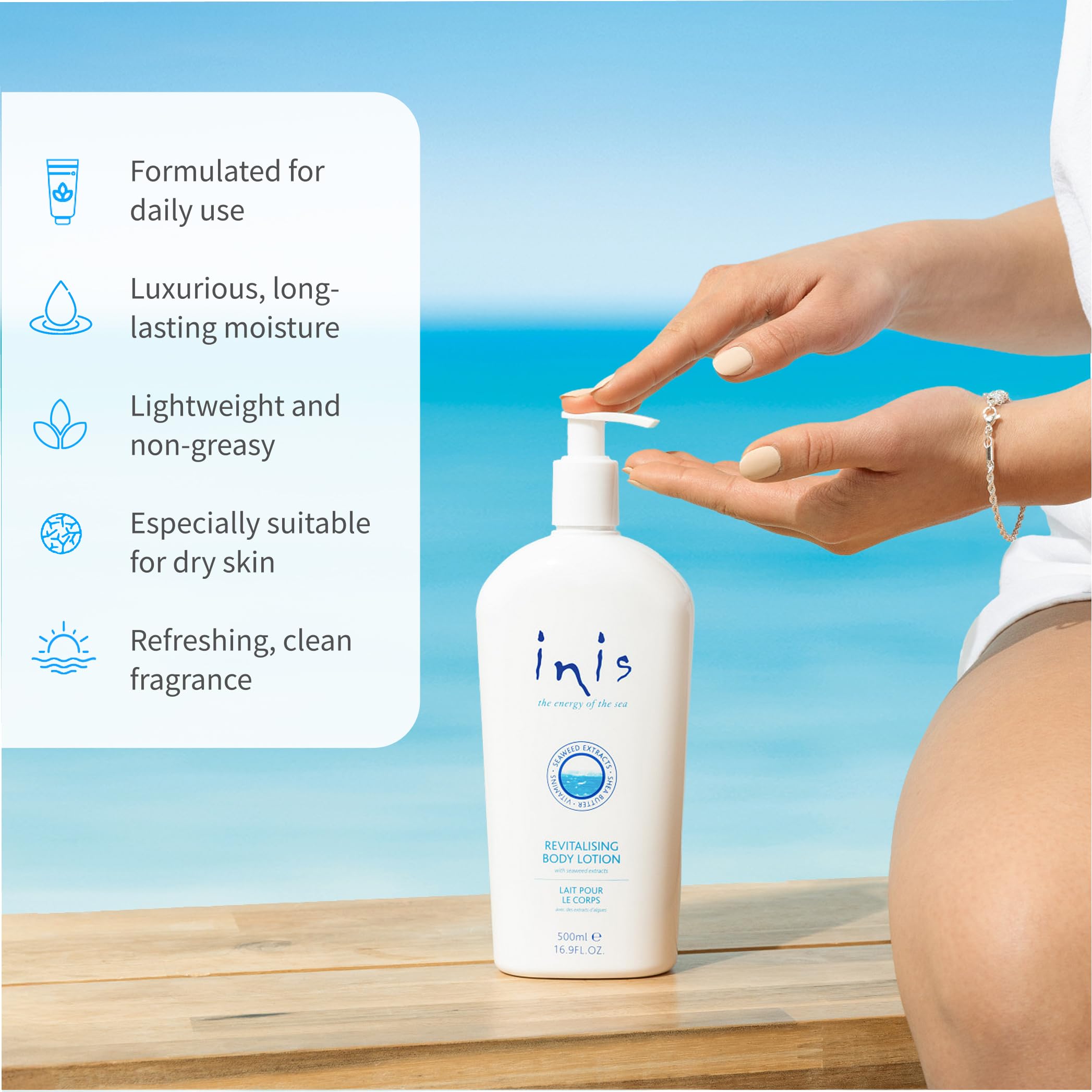 Inis lotion pump dispense image highlights convenient application for fast moisture