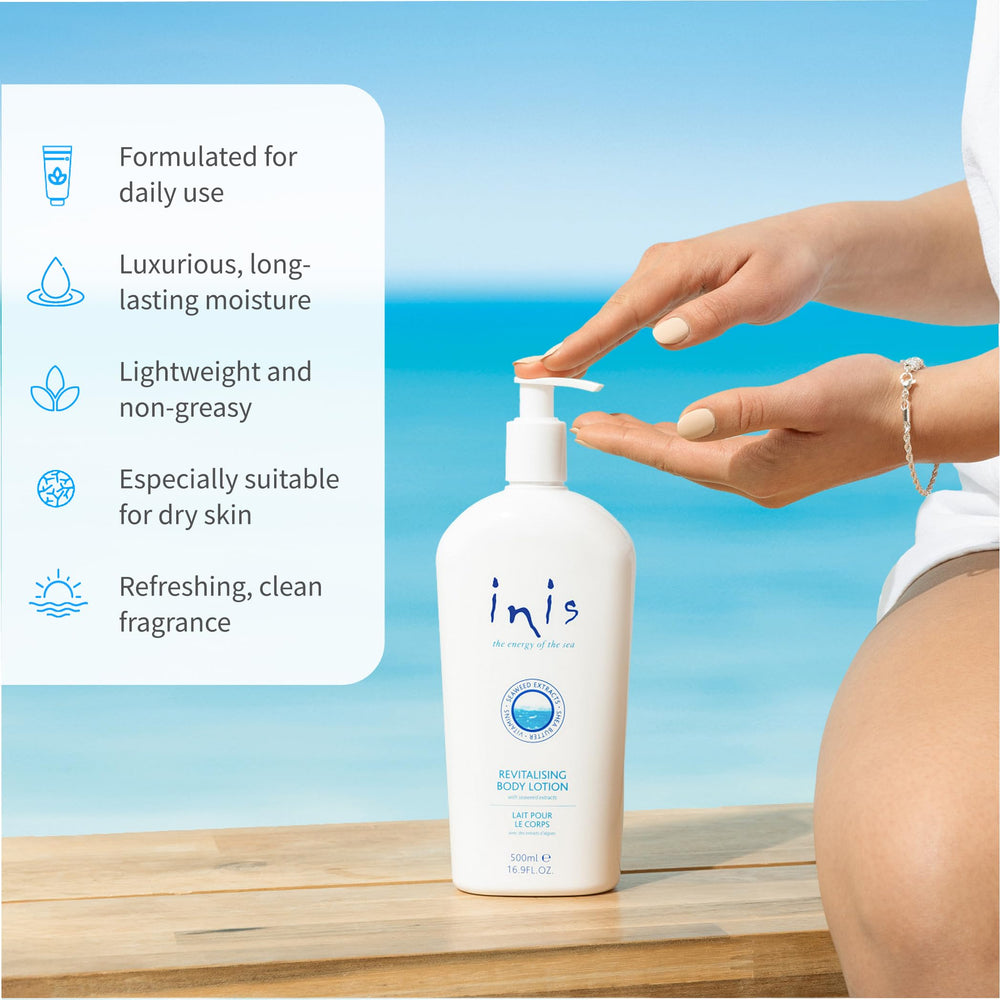 Inis lotion pump dispense image highlights convenient application for fast moisture