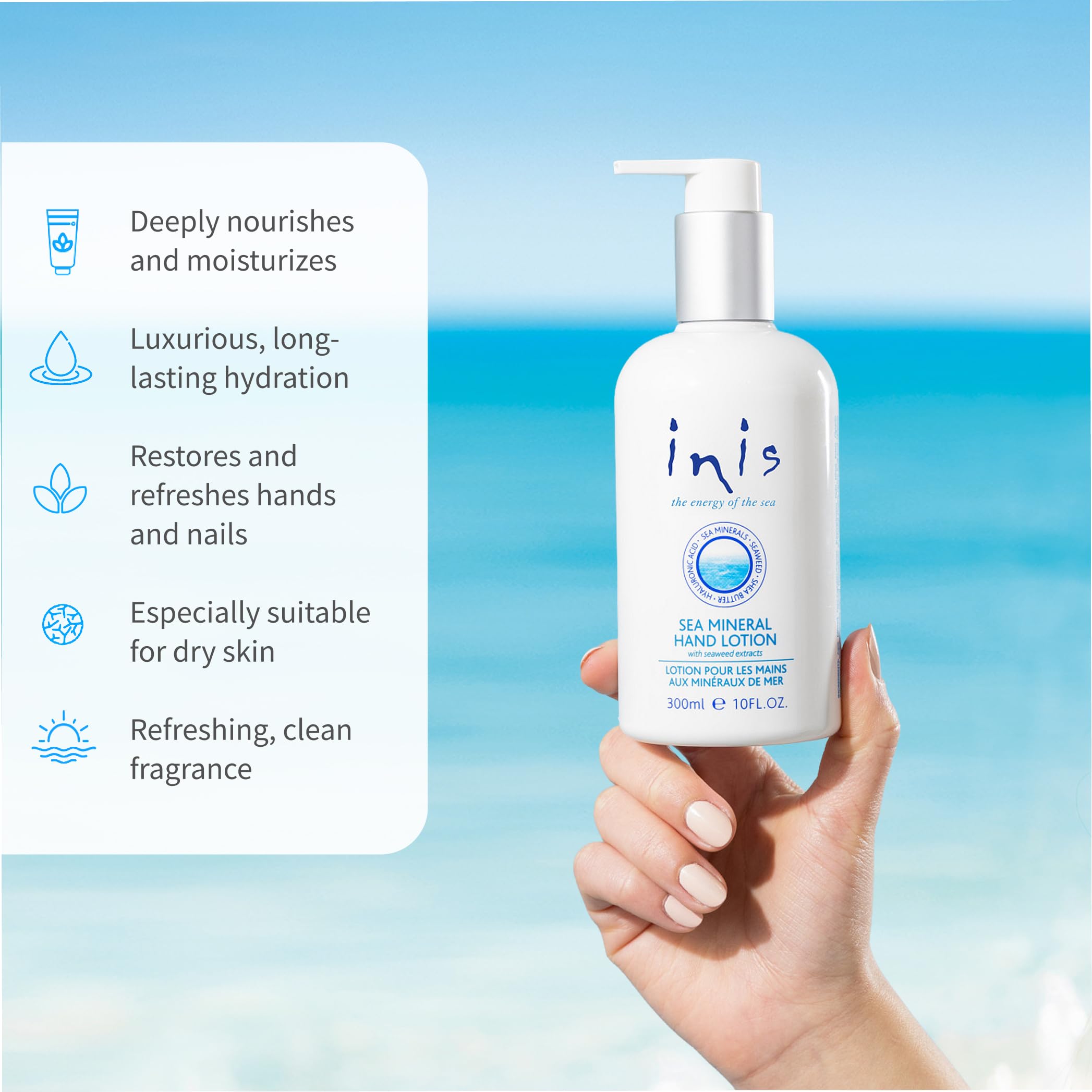 Inis the Energy of the Sea mineral hand lotion glycerin closeup shows lasting moisture.