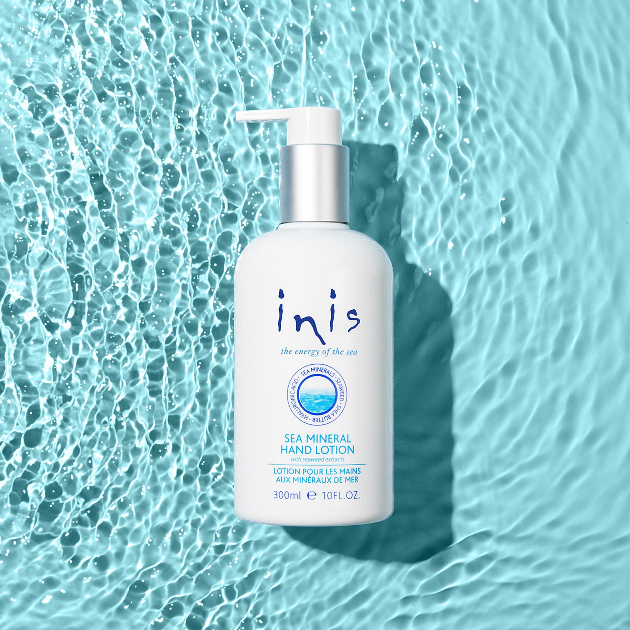 Inis the Energy of the Sea mineral hand lotion Irish-made packaging closeup communicates heritage and quality.