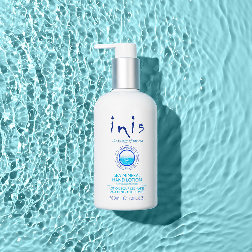 Inis the Energy of the Sea mineral hand lotion Irish-made packaging closeup communicates heritage and quality.