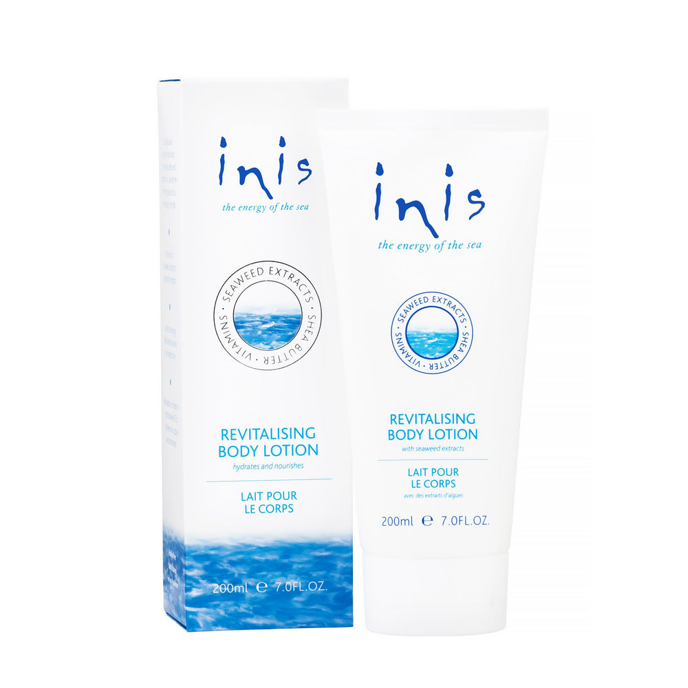 Inis Energy of the Sea Revitalizing Body Lotion bottle front highlights ocean-inspired hydration.