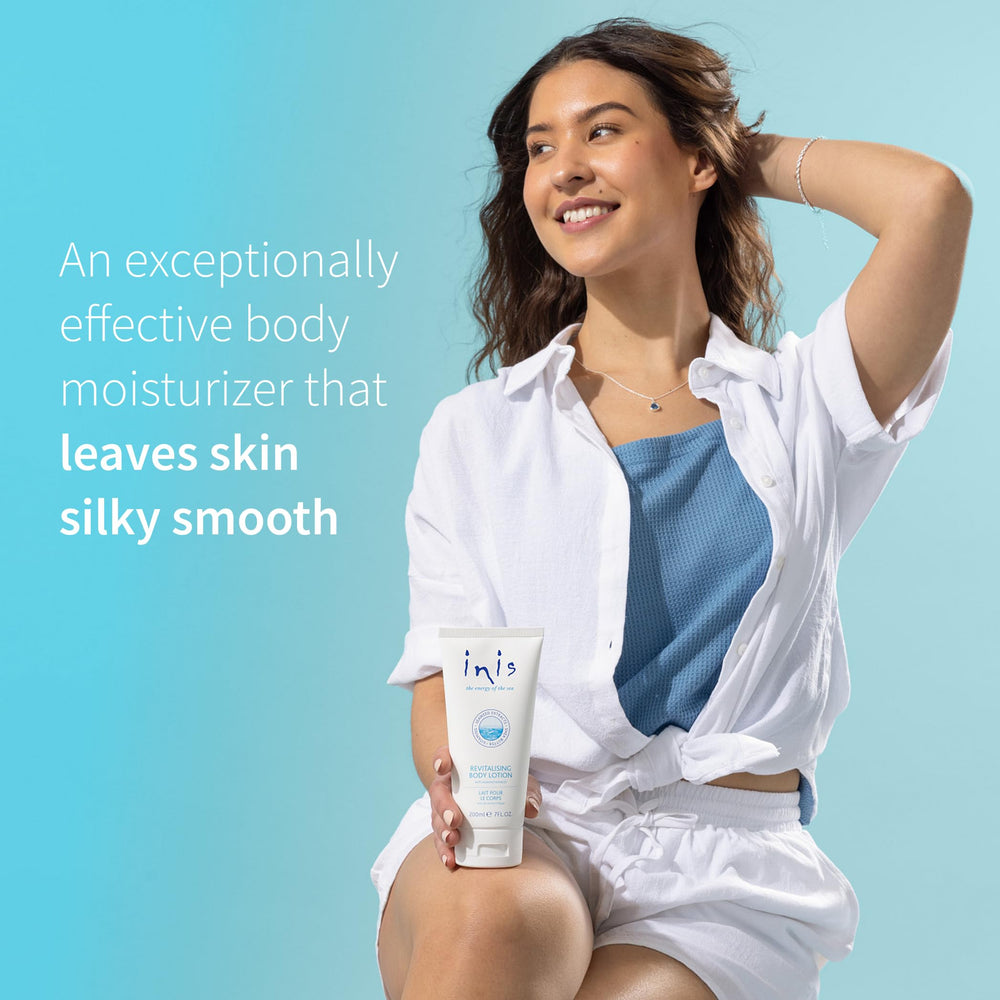 Inis Energy of the Sea Revitalizing Body Lotion packaging eco-cap highlights environmental care.