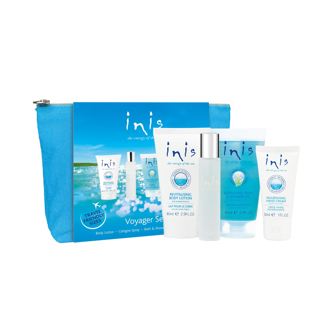 Inis energy of the sea voyager gift set box front, travel-ready skincare.