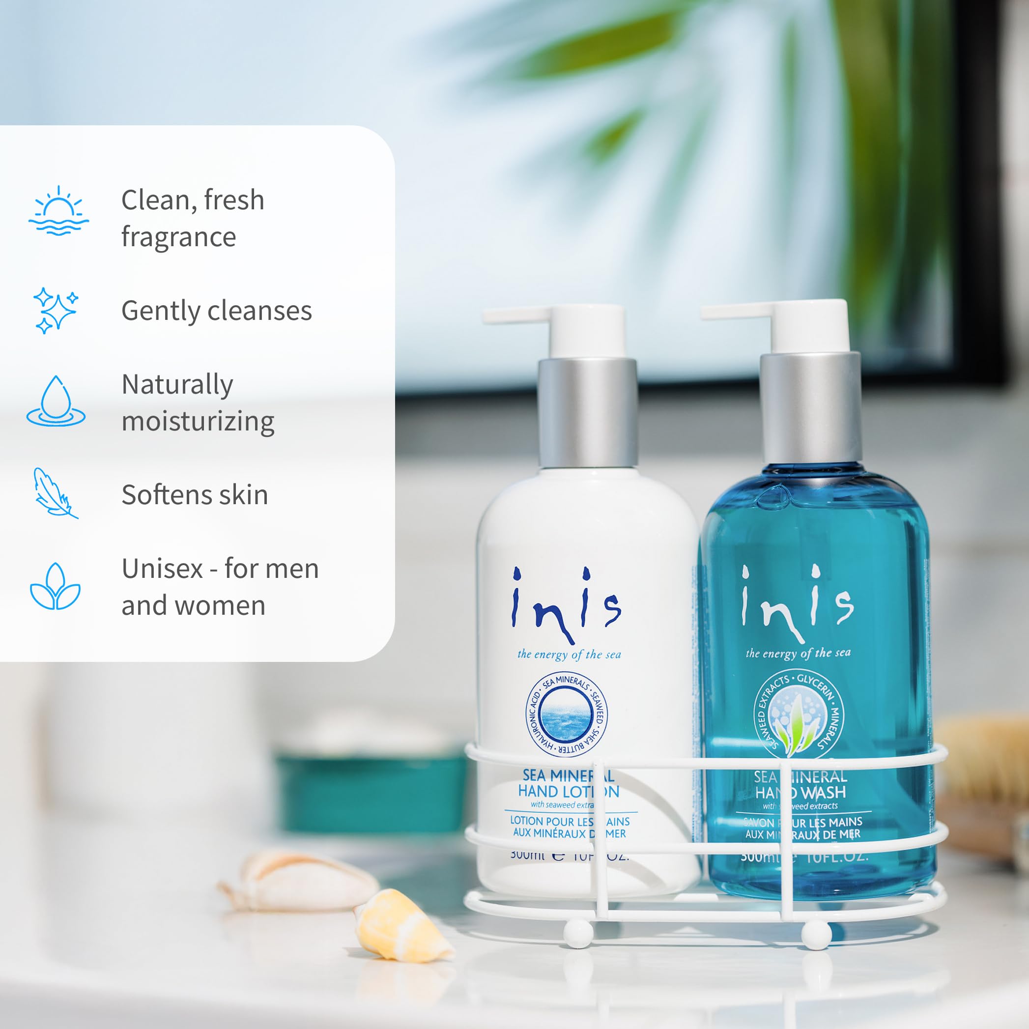 Inis Energy of the Sea bathroom scene with caddy evokes spa-like refreshment.