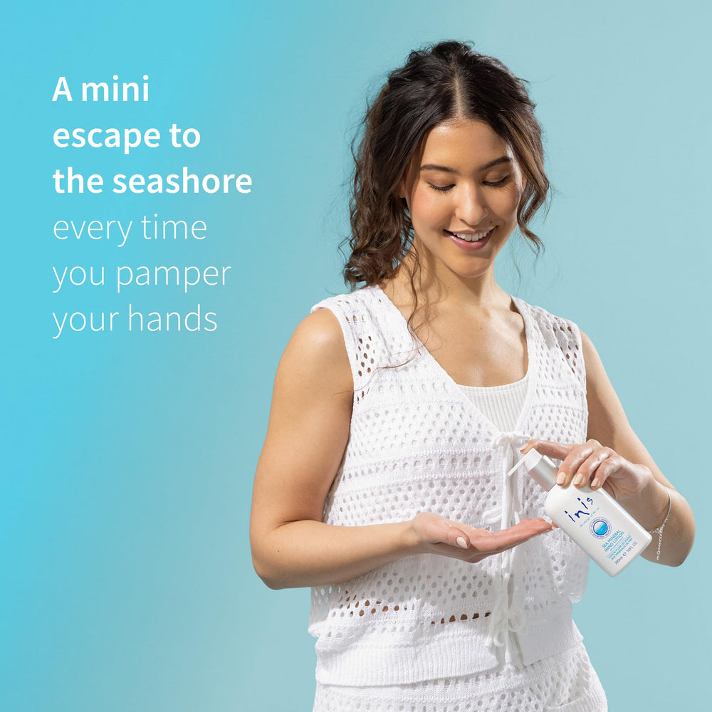 Inis Energy of the Sea hand care set detailed shot highlights premium formulation.