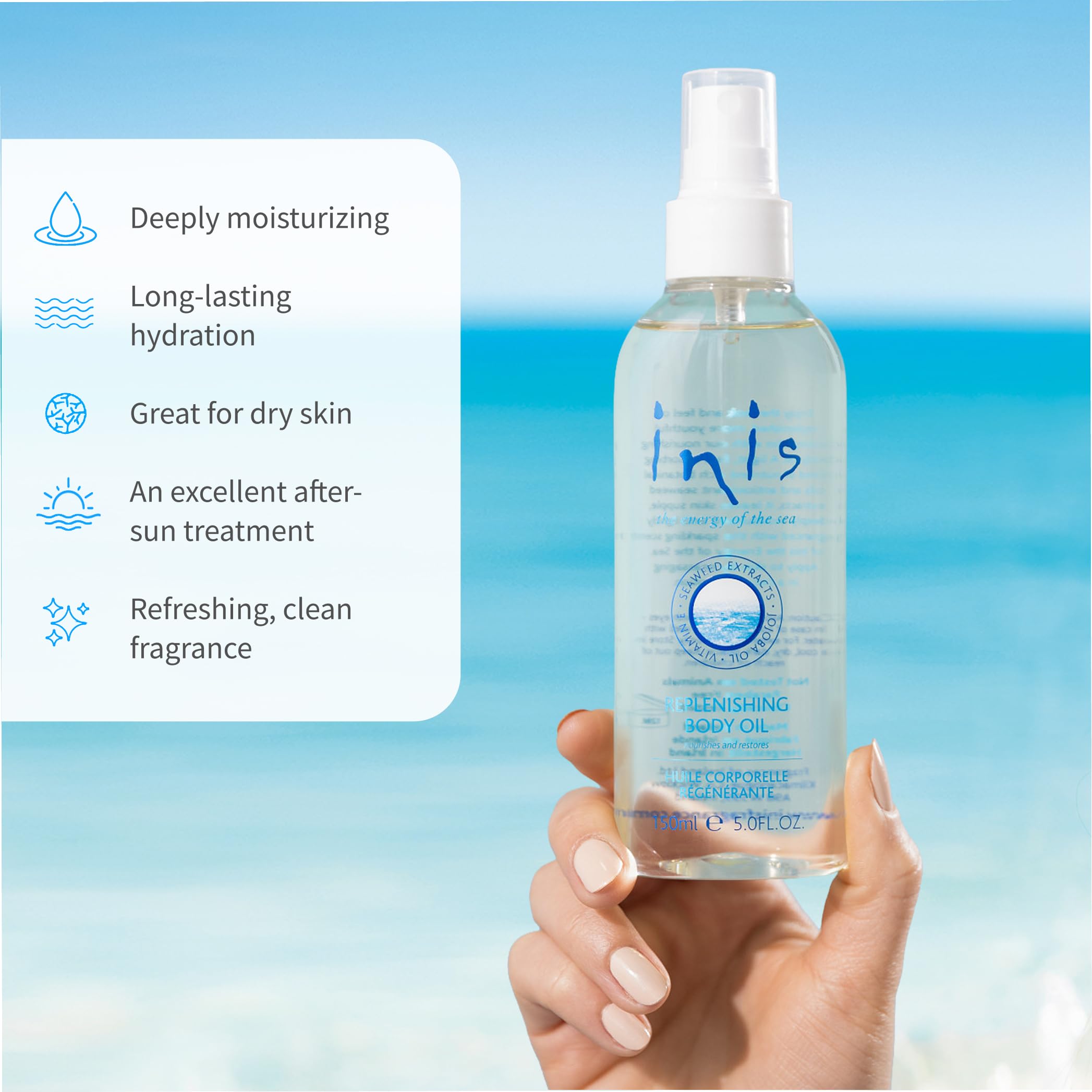 Inis replenishing body oil jojoba oil drop emphasizes hydrating base.