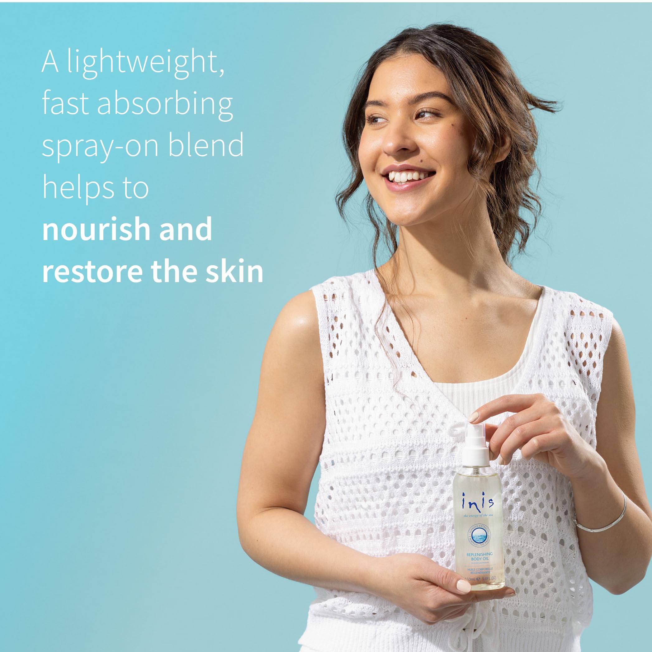 Inis replenishing body oil packaging box displays paraben-free cruelty-free claim.