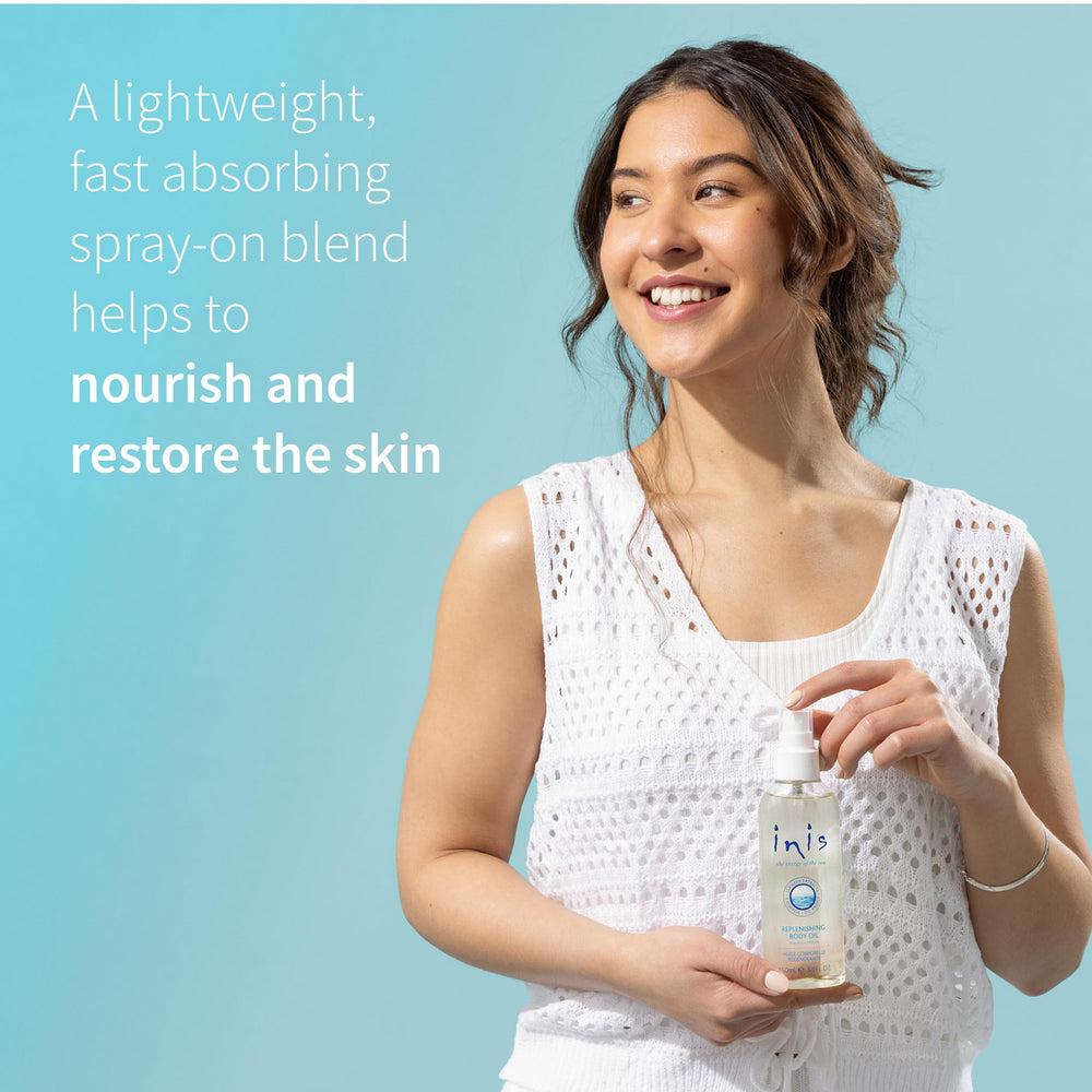 Inis replenishing body oil packaging box displays paraben-free cruelty-free claim.