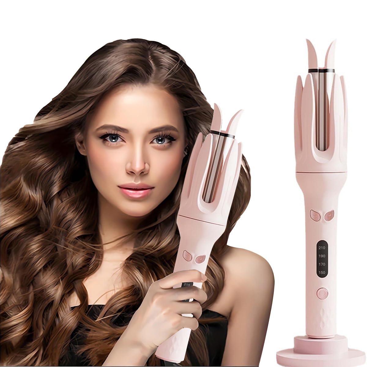 INK-EEZE automatic curling iron pink front view for quick, easy styling on busy mornings.