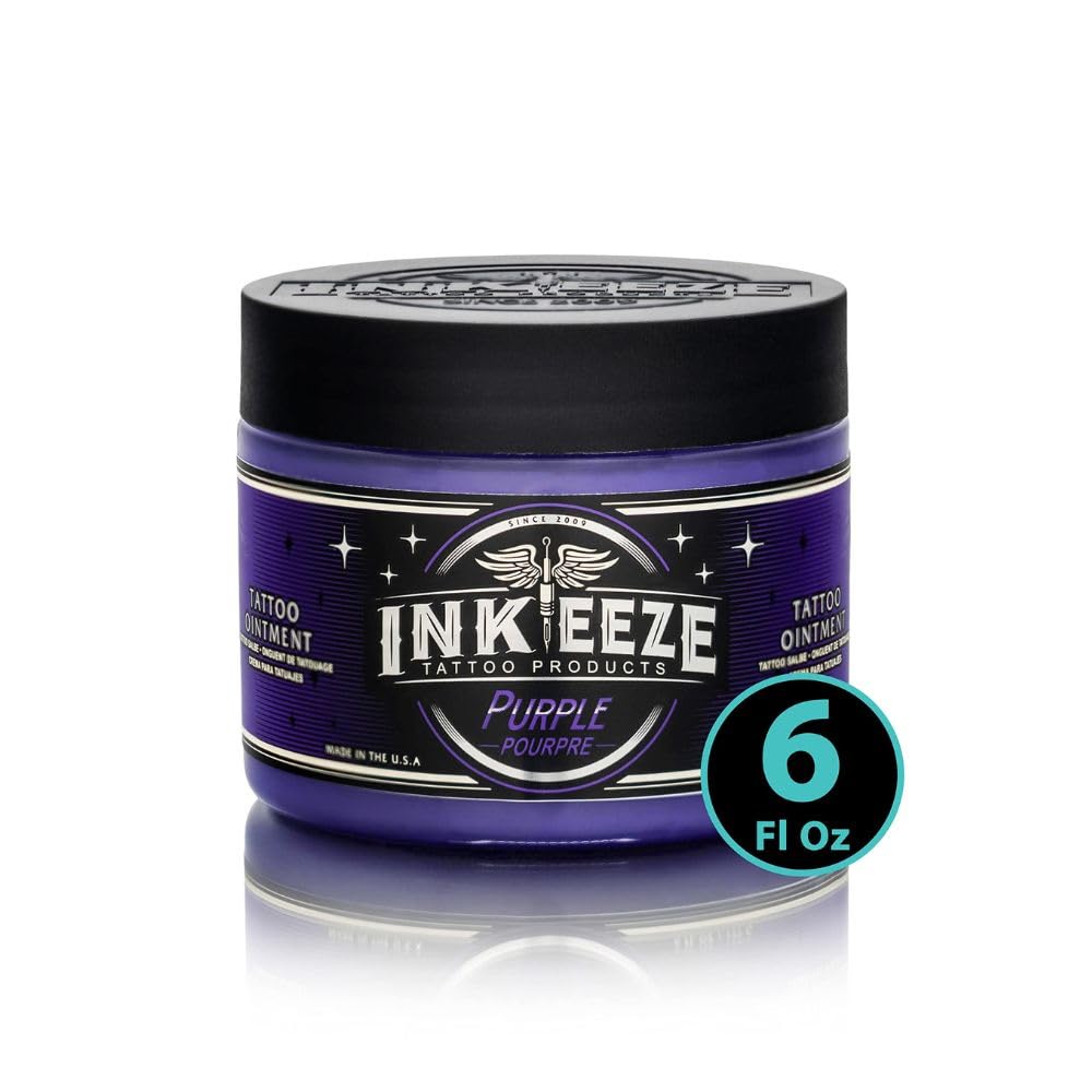 INK-EEZE Purple Tattoo Ointment bottle closeup for soothing post-tattoo care